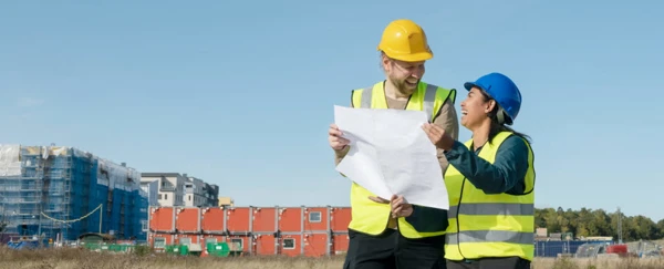 Två personer i varselväst och skyddshjälm pratar och tittar på en ritning framför en byggarbetsplats.