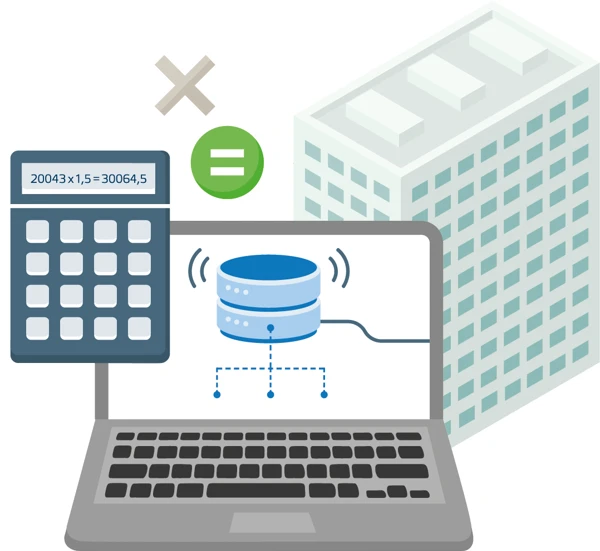 Laptop with database, calculator and a house to show the climate database.