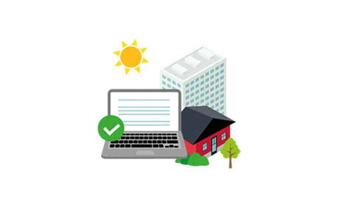 Ett kollage med ett stort flerbostadshus, en liten röd villa och en laptop med grön bock som visar godkänd.
