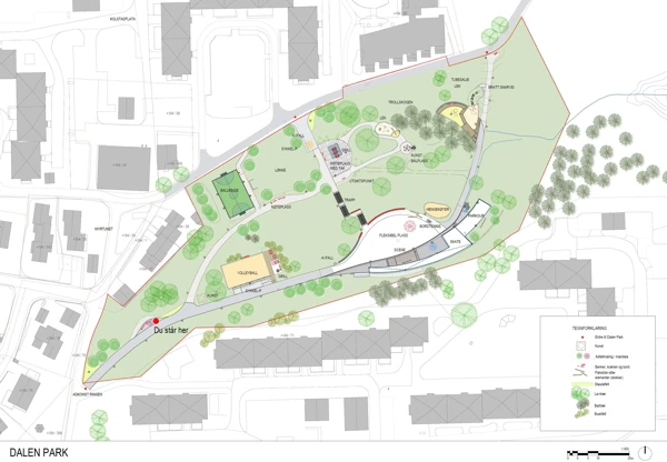 Planillustration som visar de olika platserna i parken samt var det är planterat barrträd, lövträd och buskar.