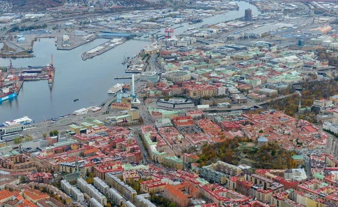 Flygbild över centrala Göteborg.