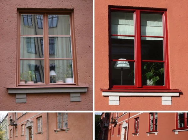 Fyra foton som visar hur fönster och fasad såg ut före och efter förändringen. Mer information i brödtexten.