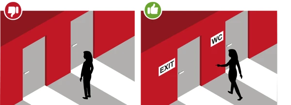 En person står framför dörrar utan skyltning och en person står framför dörrar med skyltning.