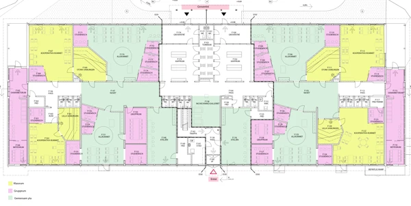 Ritning som visar klassrum, grupprum och gemensamhetsyta.