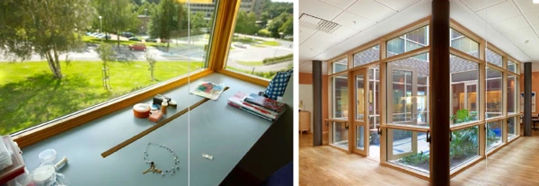 Stort fönster framför ett skrivbord och en glasbur med stora takfönster.