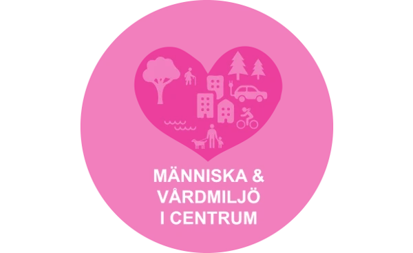 Illustration för området Människa och vårdmiljö i centrum. Hjärta som rymmer träd, hus, bil, cykel, människor.
