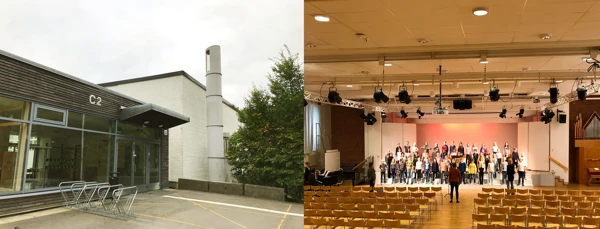 Foto på en aula utifrån samt på en ensemble som står inne i aulan.