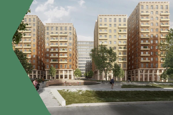 Träbyggnader i flera våningar med träd omkring