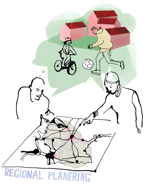 Illustration som visar regional planering där två personer tittar på en karta.