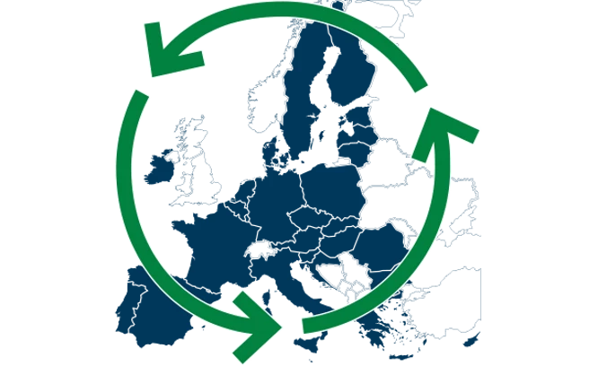 Illustration europakarta med en grön cirkel med pilar runtom.
