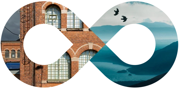 Evighetssymbol med ett hus och ett öppet landskap i.