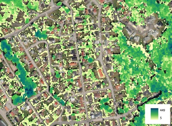 ortofoto av en stadsdel där vegetation av olika höjd är markerade.