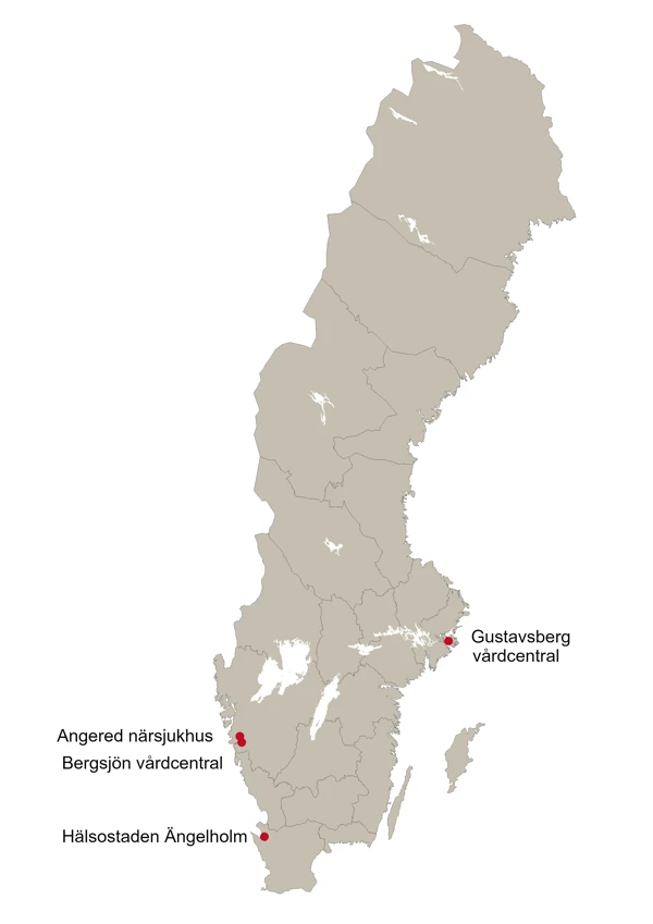 Karta över Sverige med markering för Angered, Bergsjön, Gustavsberg och Ängelholm.