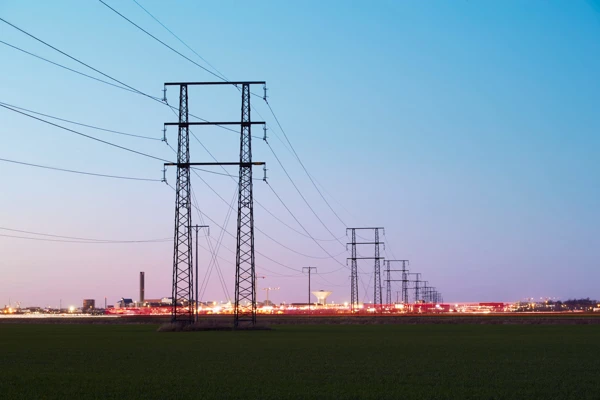 Kraftledningar som passerar bebyggelse. Platt landskap i skymningsljus.