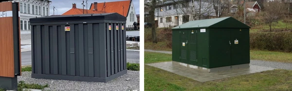 Två foton av olika nätstatinsmodeller. En med mörkt gråblå färg i stadsmiljö, och en som är mörkt grönfärgad på gräsmatta.