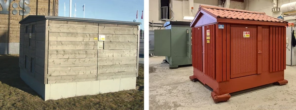 Två foton av nätstationer med fasad som efterliknar trämaterial, en med liggande brädor och den andra med stående panel.