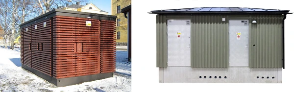 Två foton den ena med platt tak, rundade knutar, den andra i mer klassisk stil med lutande valsat plåttak.