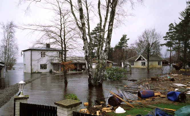 Fastigheter som drabbats av översvämning. Foto: IBL
