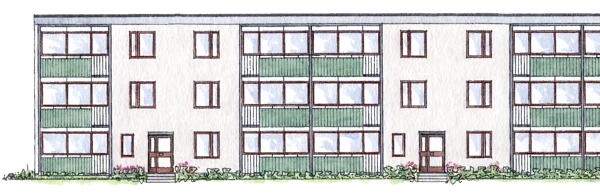 Illustration på vitt hus med gröna balkonger, lamellhus i tre våningar.