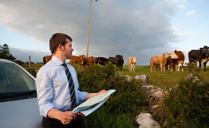 Man med plan tittar ut över landskapet