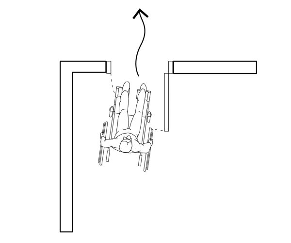 Illustration på en person i rullstol som passerar genom en dörr.