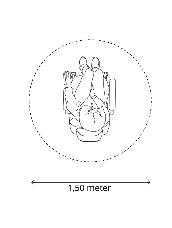 Illustration med person i rullstol uppifrån med en cirkel runt med måtten 1.5 m i diameter.