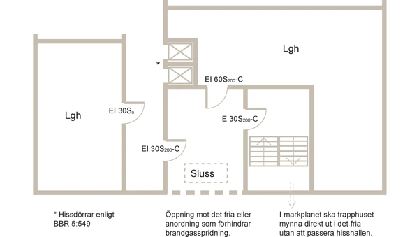 Planritning som visar exempel på utformning av trapphus Tr1