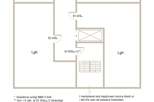 Planritning som visar exempel på utformning av trapphus Tr2.