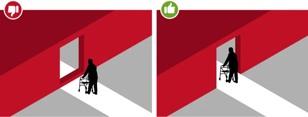 En person med rullator framför en dörröppning med tröskel och en utan tröskel.