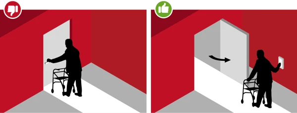 En person med rullator framför en dörr utan dörröppnare och en dörr med dörröppnare.