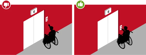 En person i rullstol vid en hiss där manöverdonet sitter för högt, och en hiss där det sitter i rätt höjd.