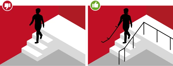En person som går nerför en trappa utan ledstänger och en som går nerför en trappa med ledstänger.