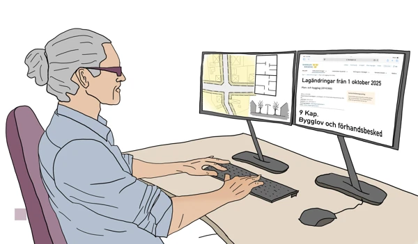 Illustration av en person som arbetar framför två datorskärmar.
