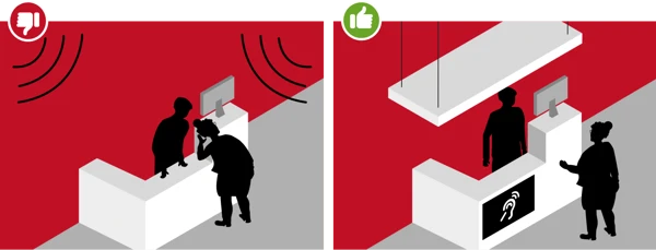 Person vid reception utan hörslinga och person vid reception med hörslinga.