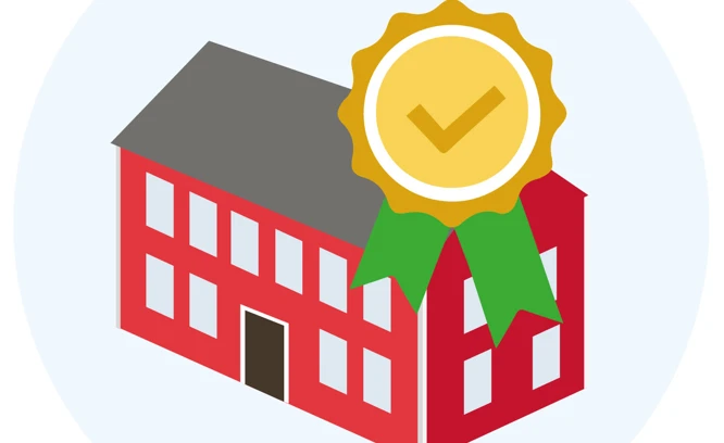 Illustration av ett rött hus med en guldplakett med avbockning på taket. Illustration: Infab/Tictac/Boverket